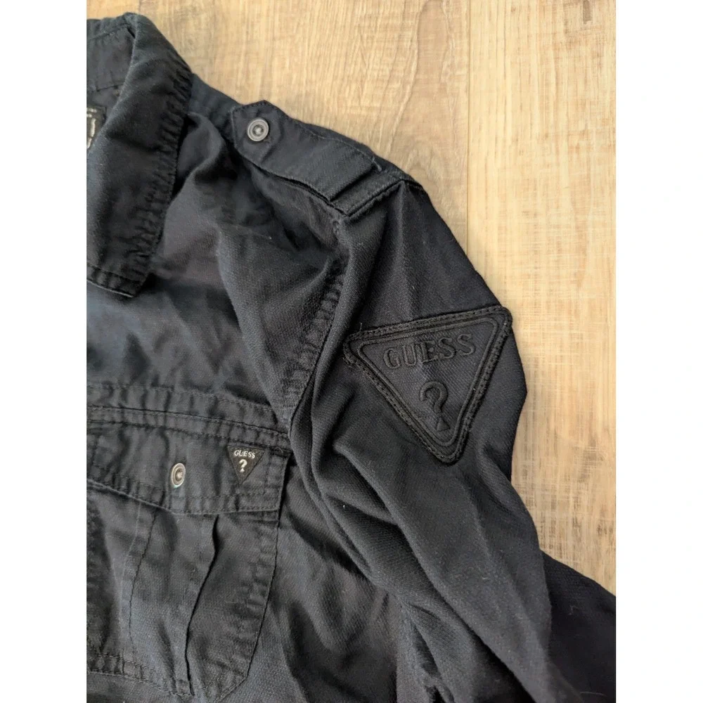 Guess Men's Military Utility Button Up Shirt Black Large Epaulets Cotton